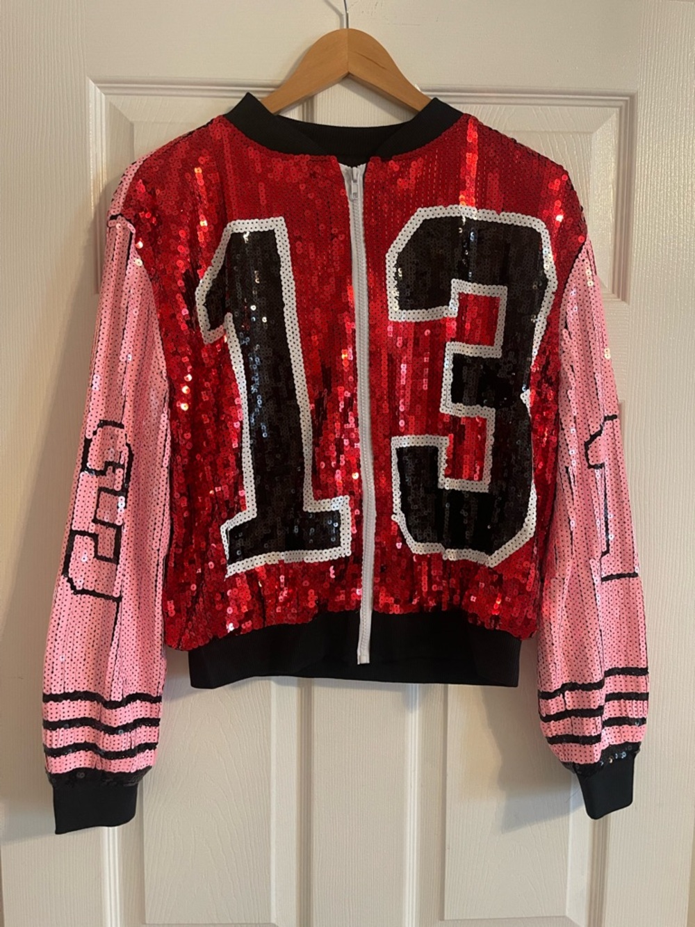 Sequin Bomber Jacket with '13' Graphic - Red & Pink